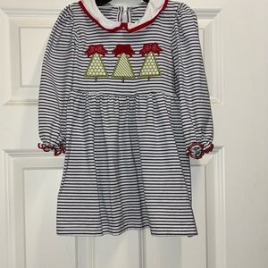 Striped Dress with Christmas Tree Embroidery 4T wore once for pictures